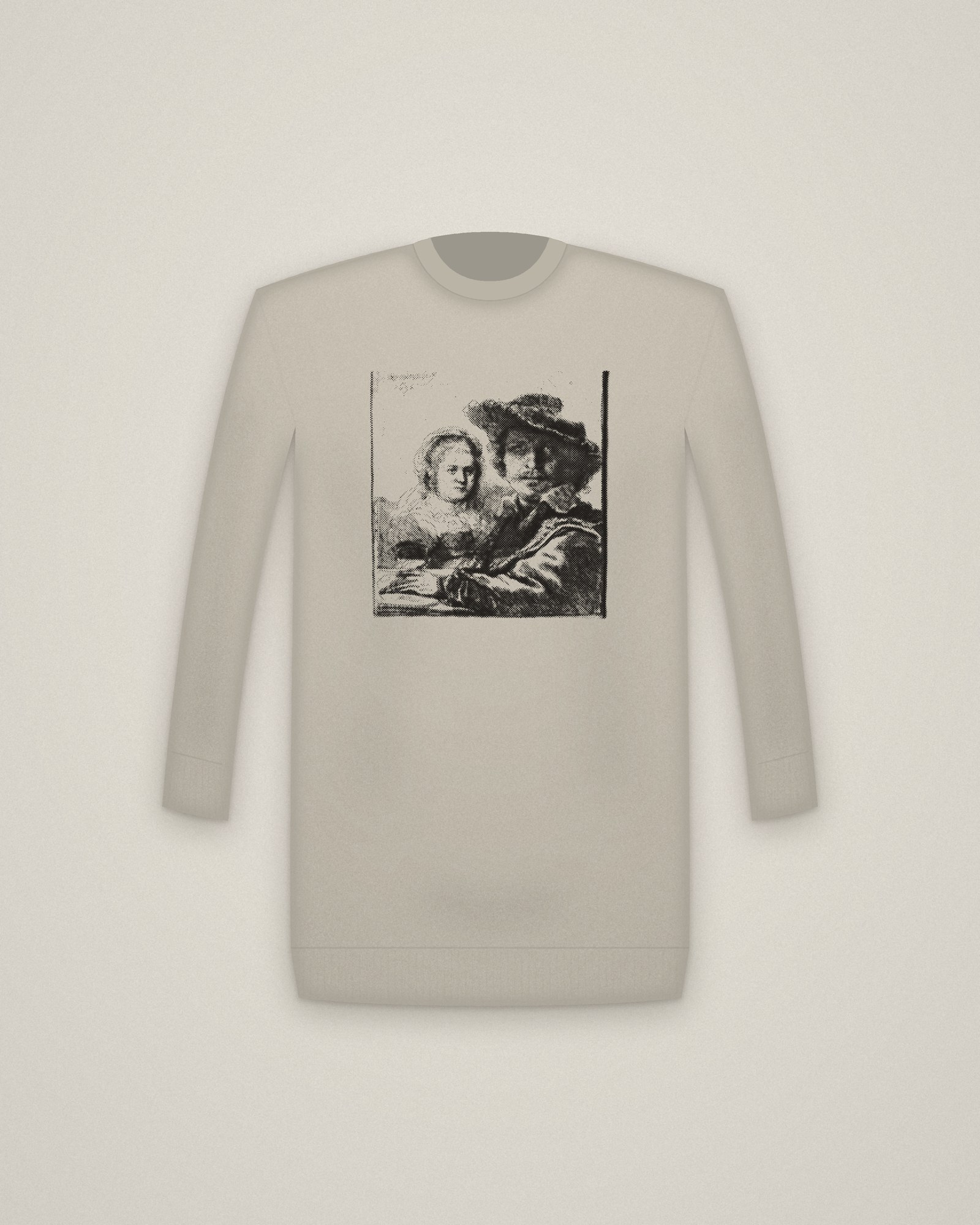 Rembrandt & Saskia Crewneck in Stone, Rembrandt and His Wife Saskia printed in halftone