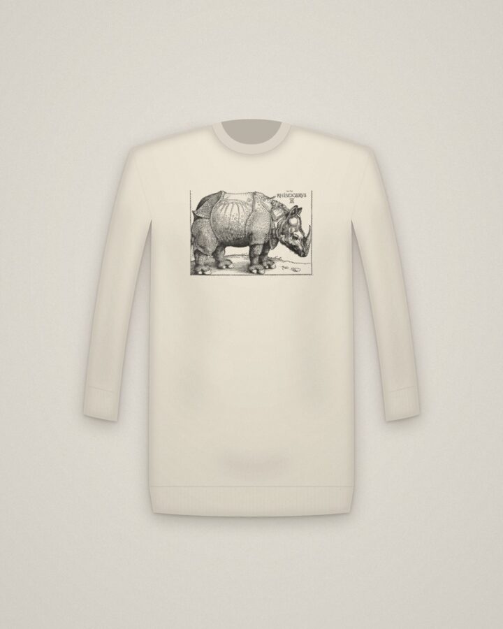 Rhinoceros Crewneck in Natural, The Rhinoceros printed in halftone