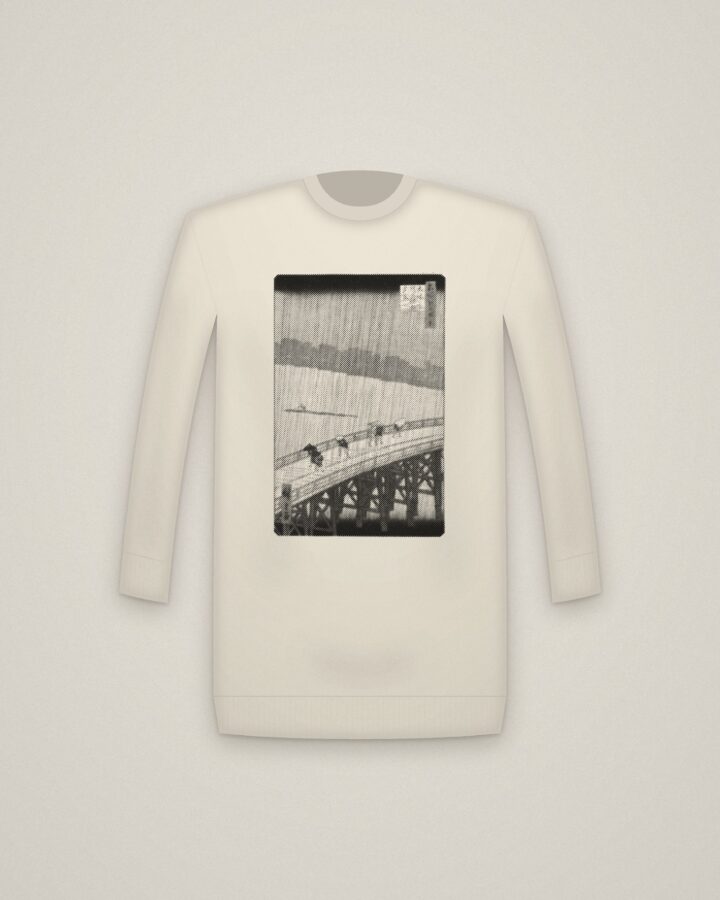 Sudden Shower Crewneck in Natural, Sudden Shower over Shin-Ōhashi Bridge and Atake, from One Hundred Famous Views of Edo printed in halftone