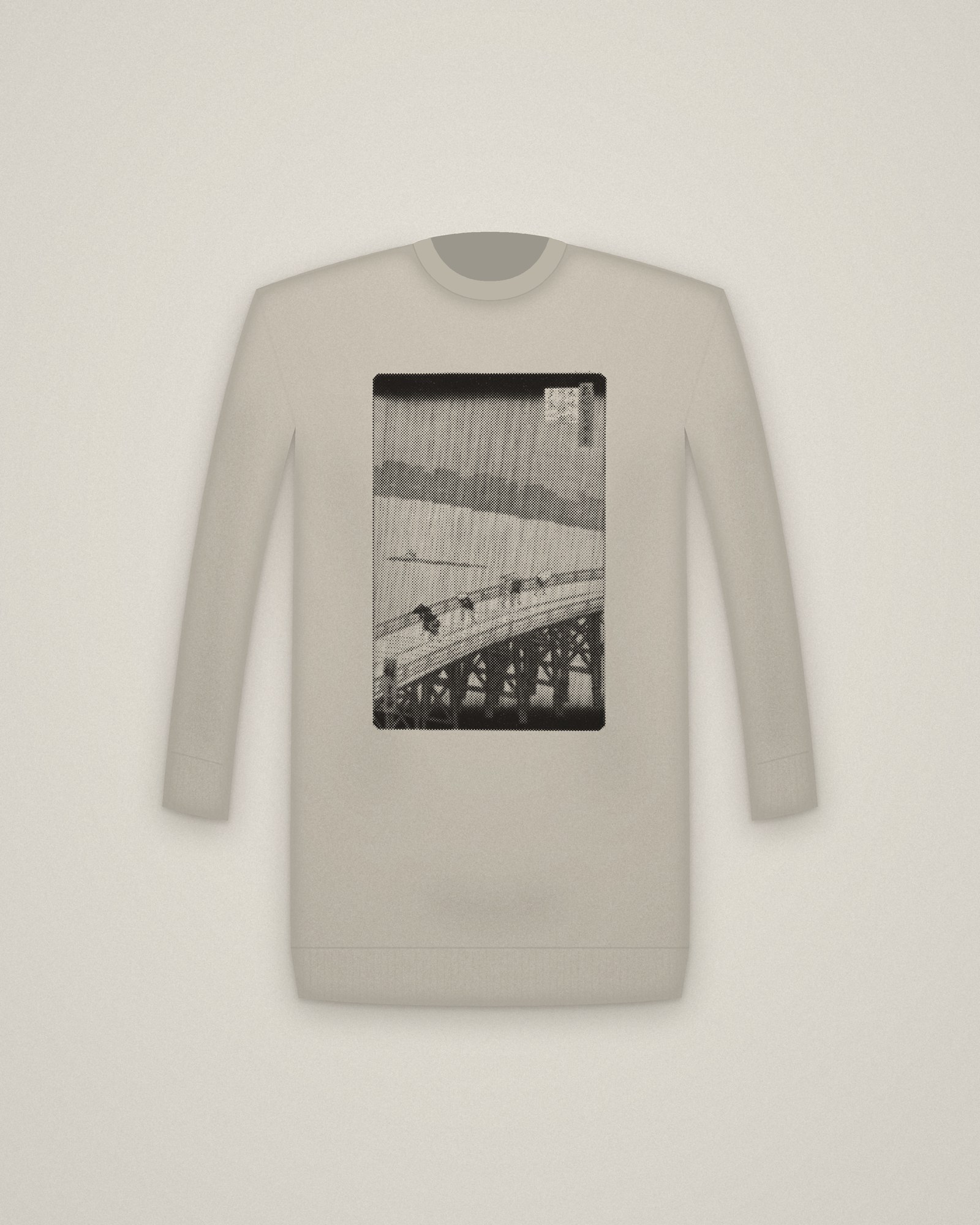 Sudden Shower Crewneck in Stone, Sudden Shower over Shin-Ōhashi Bridge and Atake, from One Hundred Famous Views of Edo printed in halftone