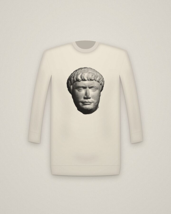 Trajan Crewneck in Natural, Head of Trajan printed in halftone