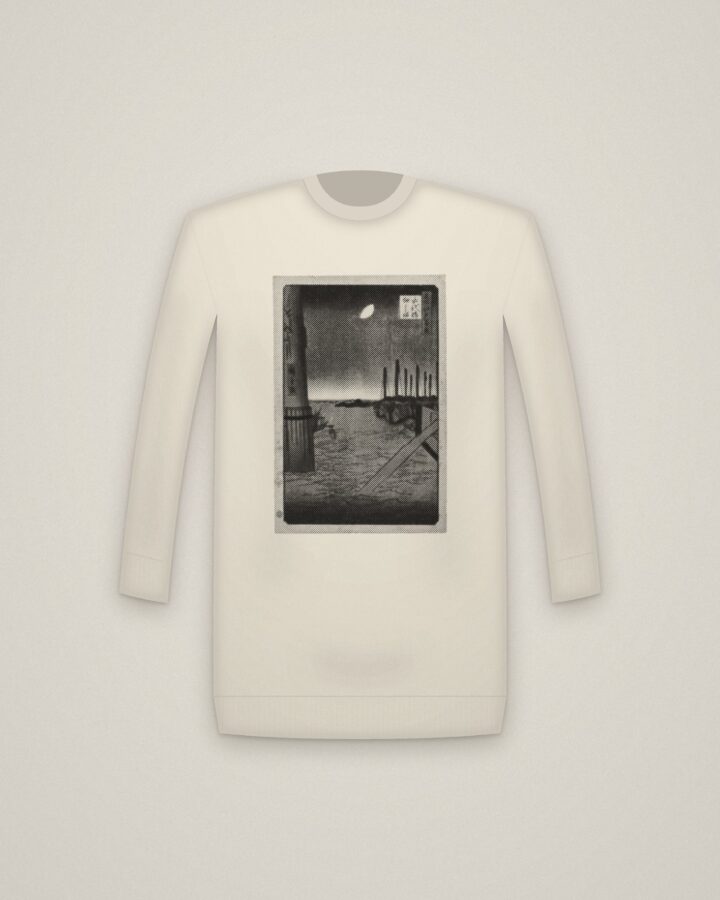 Tsukudajima Moon Crewneck in Natural, Tsukudajima from Eitai Bridge, from One Hundred Famous Views of Edo printed in halftone