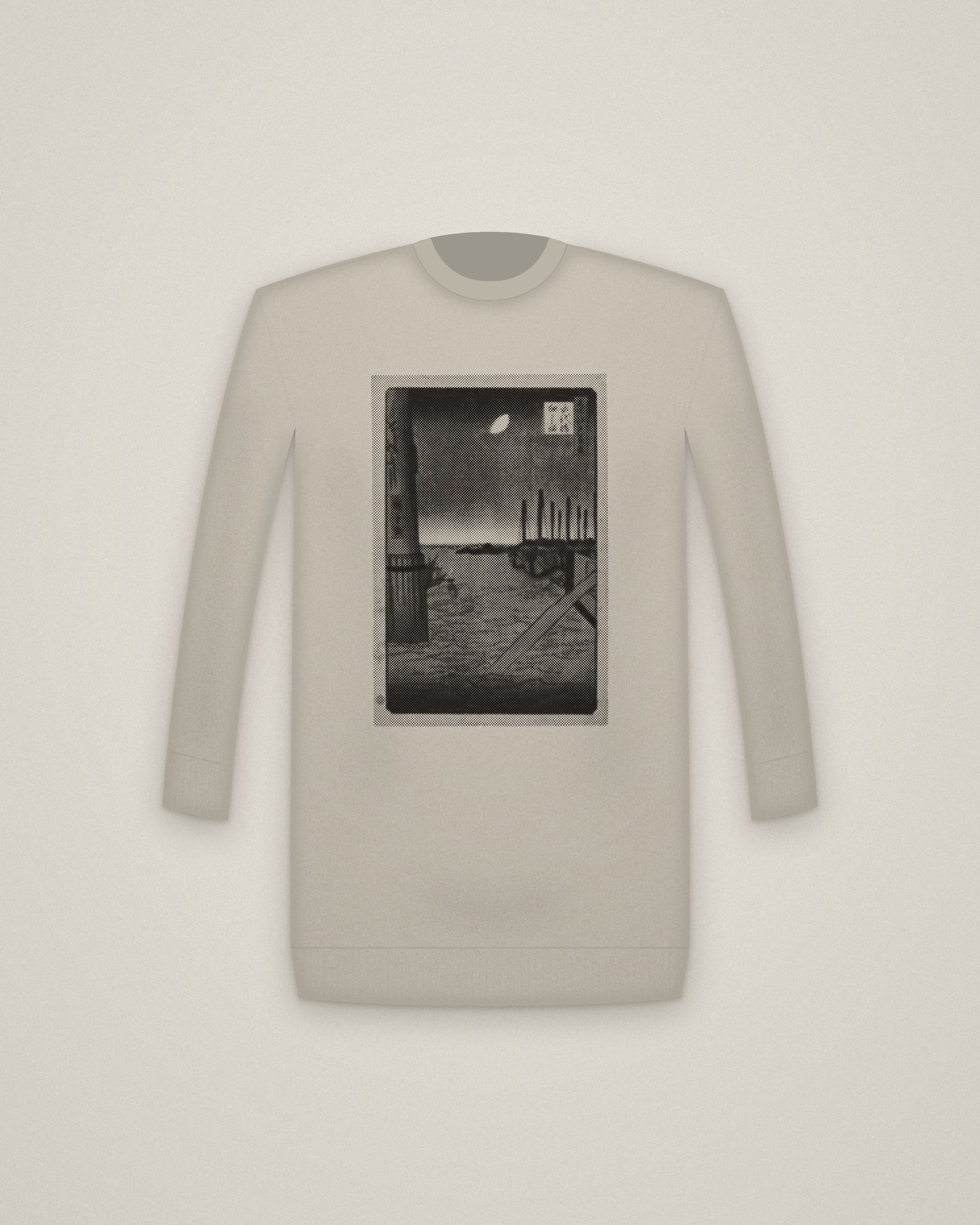 Tsukudajima Moon Crewneck in Stone, Tsukudajima from Eitai Bridge, from One Hundred Famous Views of Edo printed in halftone
