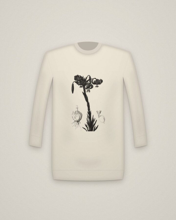 Turban Lily Crewneck in Natural, Lilium pomponium (Turban Lily), plate 7 from Les Liliacées printed in halftone