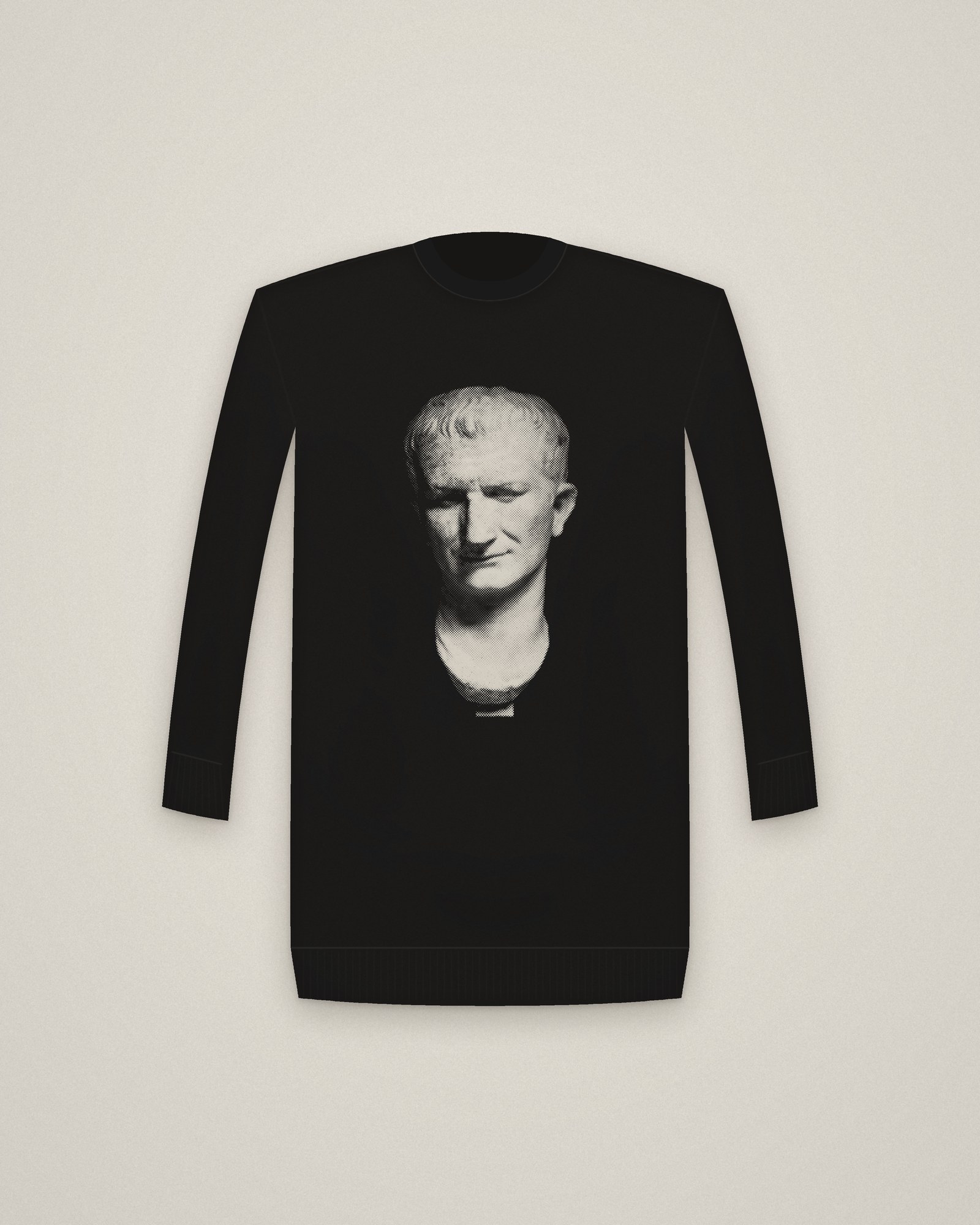 Vespasian Crewneck in Black, Portrait Head of Emperor Vespasian, Recut from Head of Nero printed in halftone