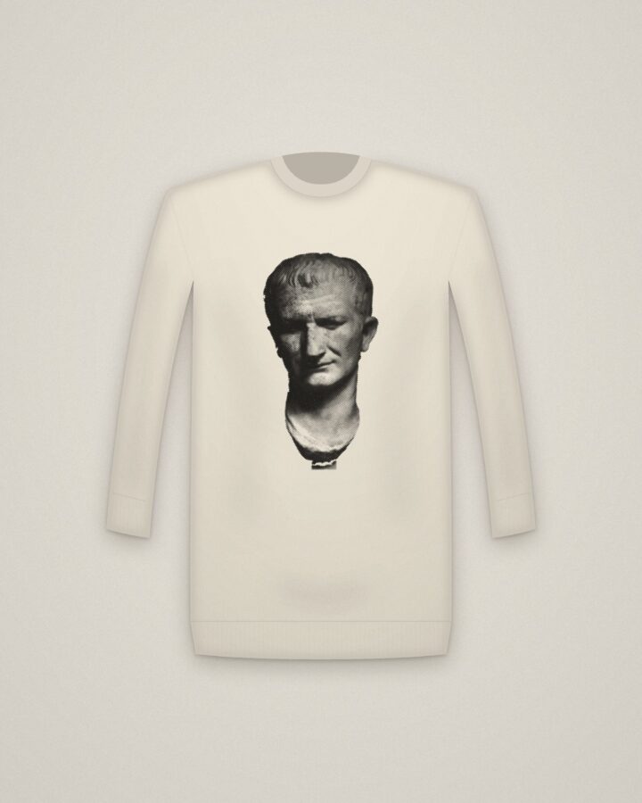 Vespasian Crewneck in Natural, Portrait Head of Emperor Vespasian, Recut from Head of Nero printed in halftone